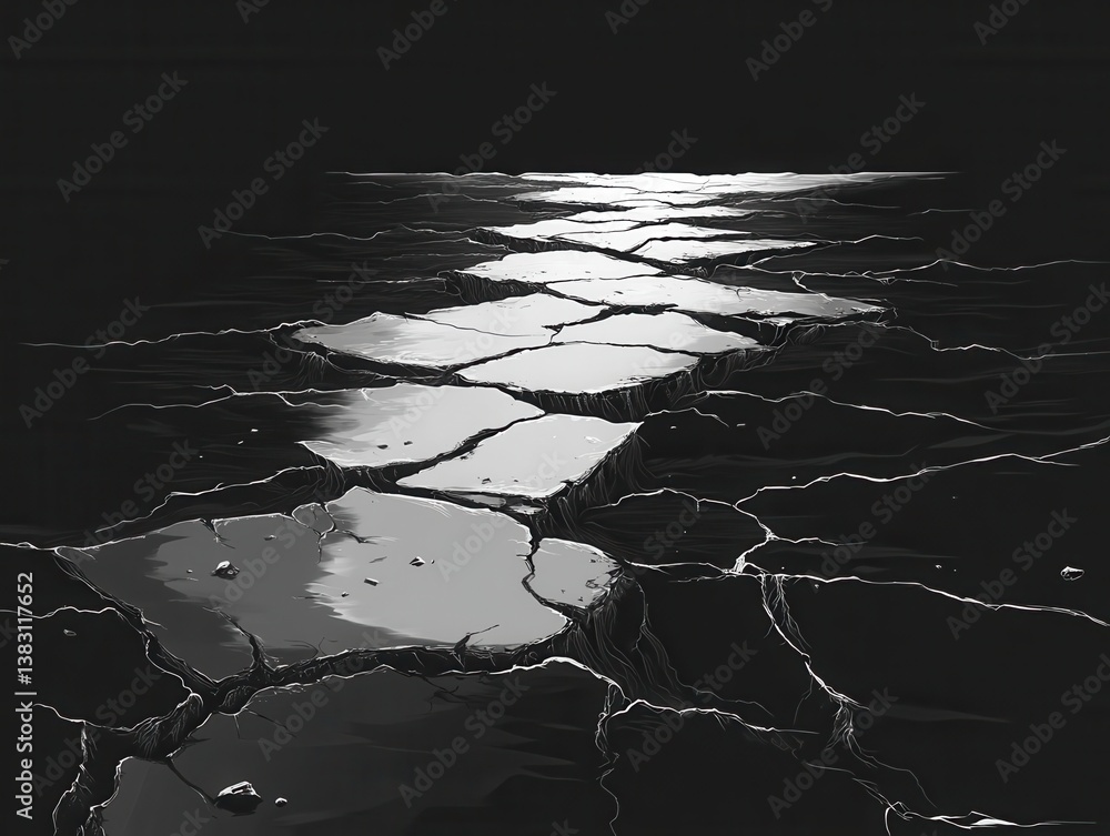 Poster monochrome path of stone slabs leading to a distant light source in a dark and mysterious landscape