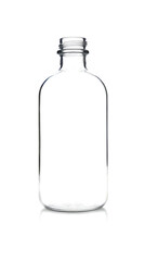 A clear glass bottle with a white background