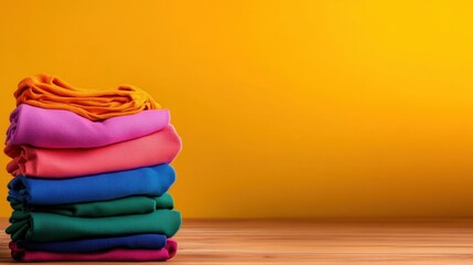 Vibrant stack of folded clothing in various colors rests on a wooden surface, contrasting beautifully with a bright yellow background