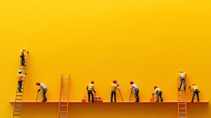 Construction workers using ladders and tools building a large yellow wall