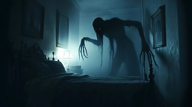 Creepy shadowy monster lurking in a dark bedroom, glowing red eyes piercing through the night, creating an atmosphere filled with terror and unsettling mystery
