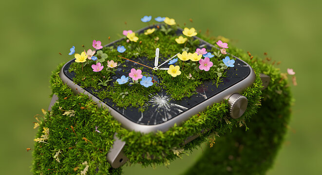 Time Blooms: A close-up shot of a watch blossoming with moss and delicate flowers, merging technology with the gentle beauty of nature.