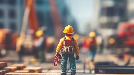 Construction worker toy standing on wood with blurred city in background
