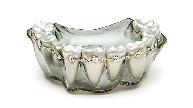 Glass bowl shaped like teeth decorated with pearls and crystal diamonds, representing luxury, glamour, and high-end dental aesthetics, isolated on white background