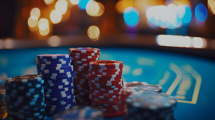 Poker Chips Over Vibrant Las Vegas Lights &ndash; High-Stakes Casino Energy