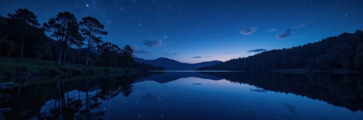 Fototapeta premium Dark canvas with twinkling stars reflected in a peaceful lake at night, stars, night sky, water