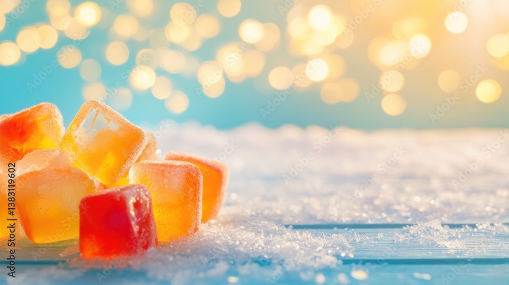 Poster brightly colored ice cubes sit on a snowy surface, illuminated by soft bokeh lights in the backgroun