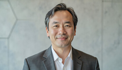 Modern portrait headshot of a friendly ceo executive business worker: A middle-aged Asian man in a grey suit and white shirt smiles directly at the camera, standing against a textured grey hexagonal