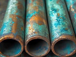 Close up of weathered copper pipes showing patina and corrosion creating an abstract texture