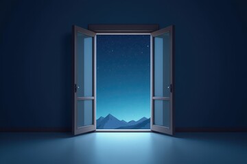 Open window revealing starry mountain night sky