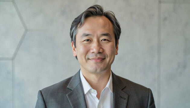 Modern portrait headshot of a friendly ceo executive business worker: A middle-aged Asian man in a grey suit and white shirt smiles directly at the camera, standing against a textured grey hexagonal