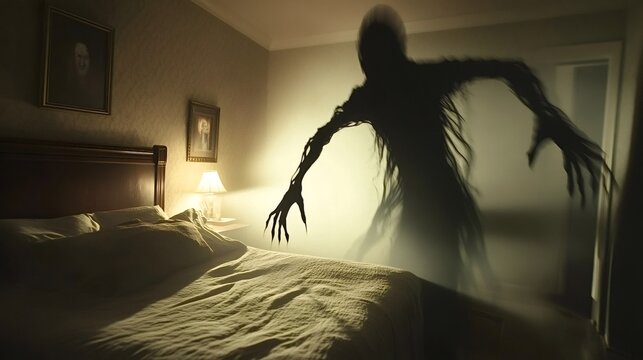 Shadowy, monstrous figure lurking menacingly in a dimly lit bedroom at night, clawed hands reaching toward an empty bed, evoking a chilling atmosphere of fear