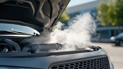 Smoke billowing from an open car hood, indicating engine overheating issue on a car.