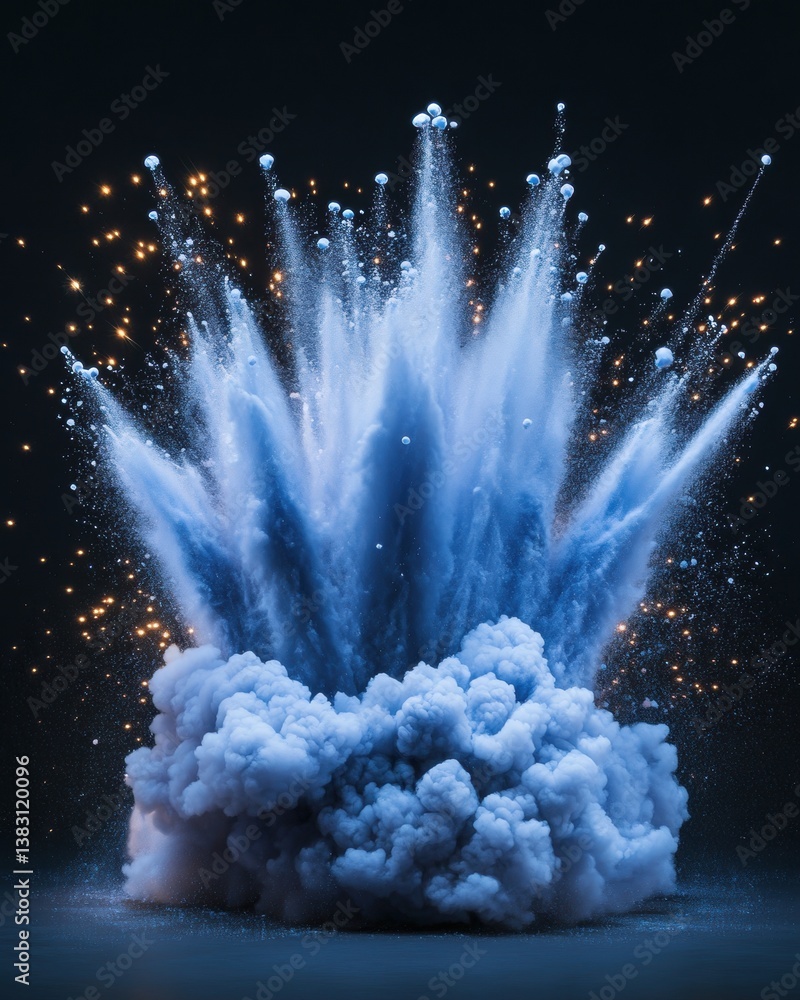 Poster dynamic explosion of blue powder with golden sparks against a dark backdrop creating a dramatic and 