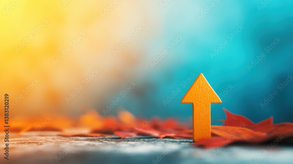 Aufkleber a yellow arrow stands on a surface adorned with colorful autumn leaves, emphasizing an upward direct