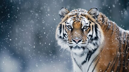 Portrait of a tiger in winter mountains during heavy snowfall