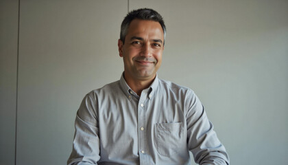 Fototapeta premium Modern portrait headshot of a friendly ceo executive business worker: A middle-aged man with short, graying hair smiles gently at the camera while wearing a light gray button-down shirt against a pl