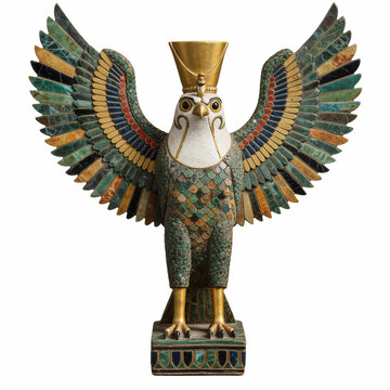 Ancient Egyptian gold falcon statue with wings spread and inlaid with jasper and turquoise gemstones - isolated on white