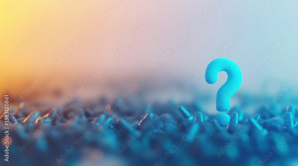 Poster a blue question mark sits prominently on a textured surface, illuminated by soft gradient lighting i