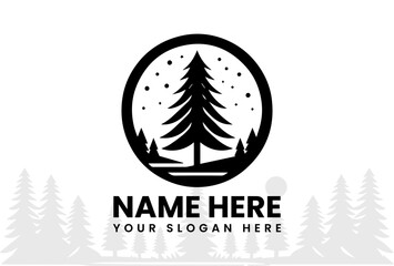 Stylized Pine Tree Logo Vector Logo Graphic. Circular Frame Brand Design
