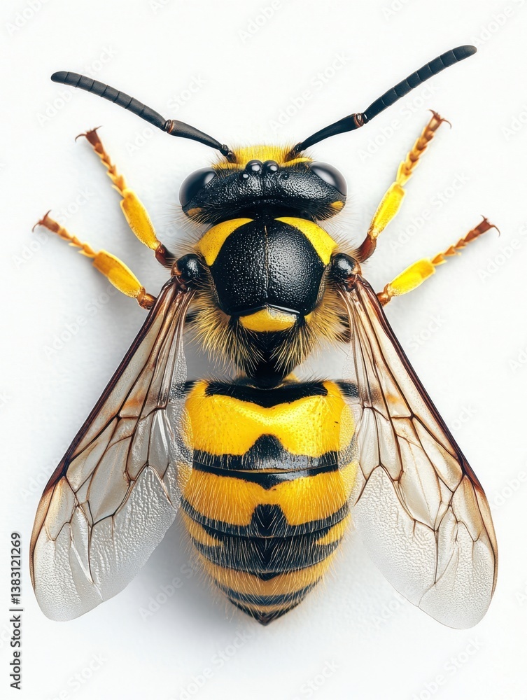 Poster striking close up of a vibrant yellow jacket wasp on white backdrop capturing intricate details and 