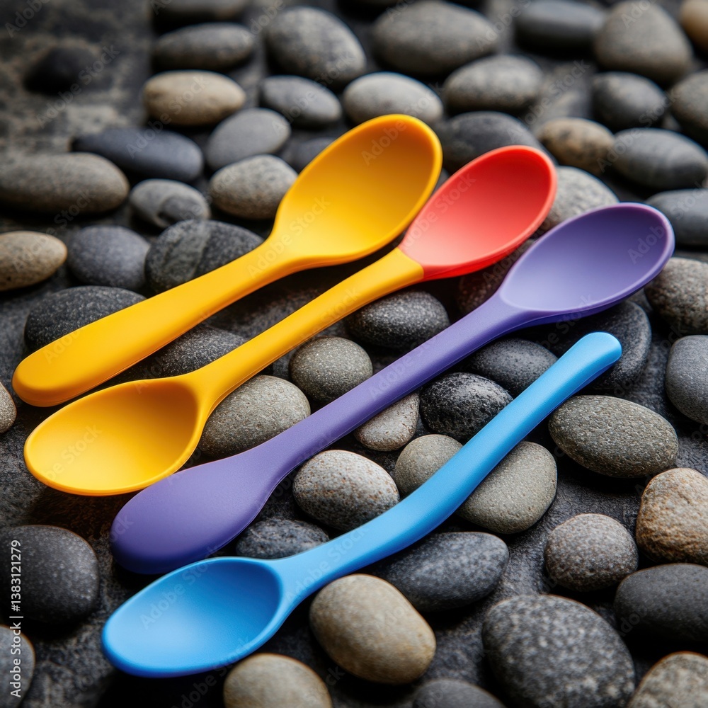 Poster colorful spoons on pebble background creating a vibrant and playful scene with smooth stones and sof