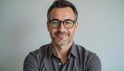 Obraz premium Modern portrait headshot of a friendly ceo executive business worker: A middle-aged man with graying hair and glasses smiles gently at the camera while wearing a dark gray button-down shirt against 