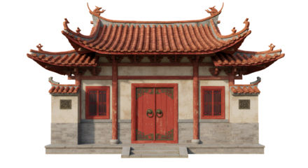 Traditional Asian Architecture with Red Doors and Intricate Rooftop Design