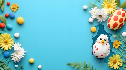 Blue background with a yellow and white flower and a red and white egg. A small white bird is sitting in a hole in the middle of the flowers