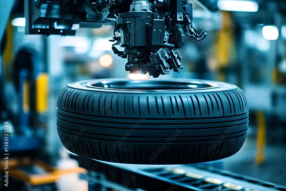 Poster robotic arm assembling car tire in automated production line