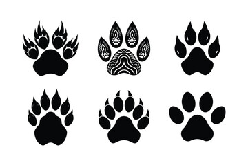 Fototapeta premium Six black animal paw prints, various designs