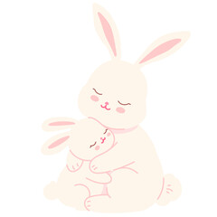 Cute hand drawn Rabbit and baby cuddling mother's day illustration