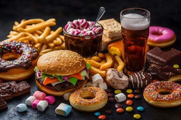 Unhealthy food assortment including burger fries donuts sweets and a drink on dark surface.