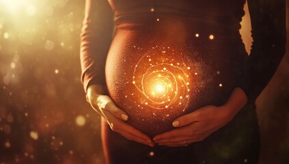Pregnant woman holding her belly with a glowing galaxy inside, symbolizing the miracle of new life and the vast universe within