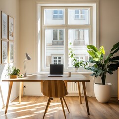 Fototapeta premium Bright and modern home office with plants and natural light in a cozy urban setting