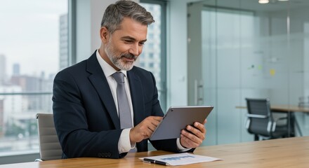 Obraz premium Professional man using tablet in modern office setting during daytime meeting hours