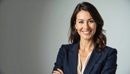 Fototapeta premium Modern portrait headshot of a friendly ceo executive business worker: A confident businesswoman with dark hair and a warm smile confidently poses with her arms crossed, wearing a navy blue blazer ov