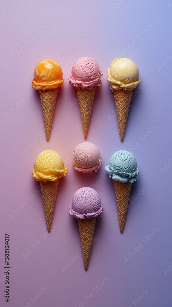 Poster delightful assortment of pastel ice cream cones against a gradient background creating a whimsical a