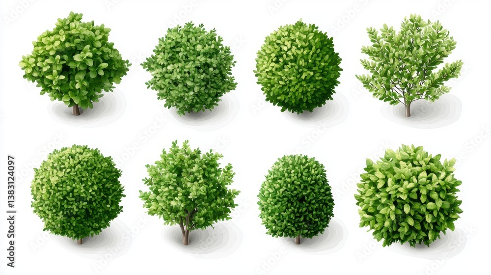 Poster diverse collection of green ornamental shrubs on a white background showcasing various shapes and si