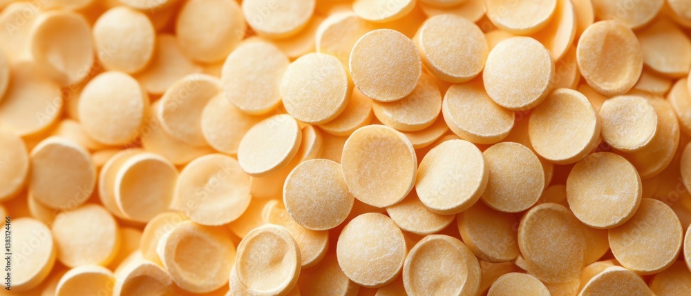 Poster captivating close up of golden yellow round candy wafers creating a textured background with soft li