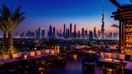 Rooftop Dubai lounge, city skyline sunset, evening drinks