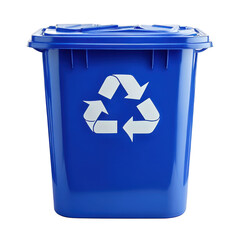 A blue recycling bin with a white recycling symbol on the front against a black background studio shot