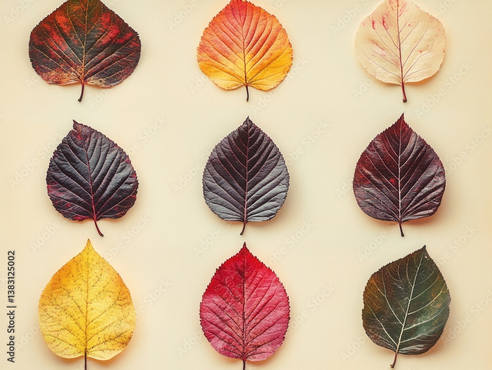 Poster autumnal array of colorful leaves in neat grid pattern capturing seasonal beauty and natural texture