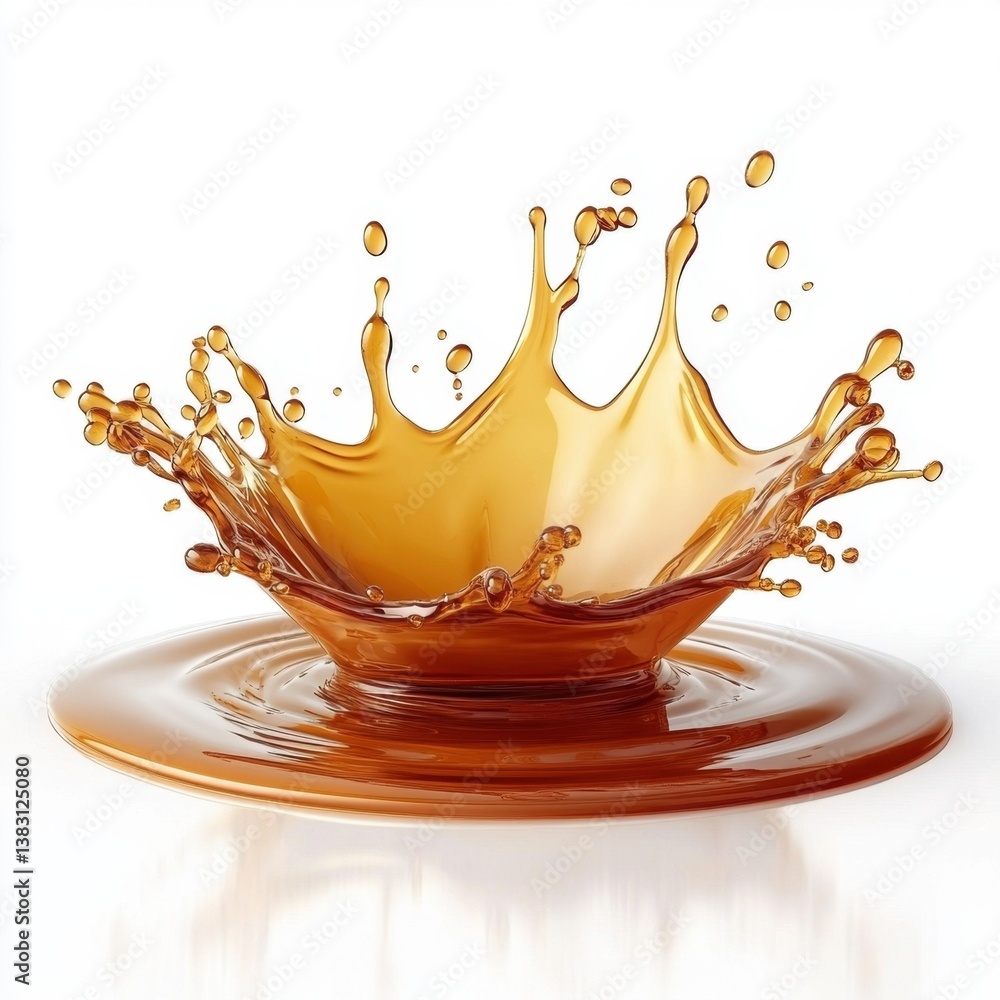 Poster dynamic amber liquid splash on white backdrop showcasing fluid motion and transparent texture captur