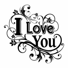 Ornamental Love You Text with Black and White Vector and floral ornaments.