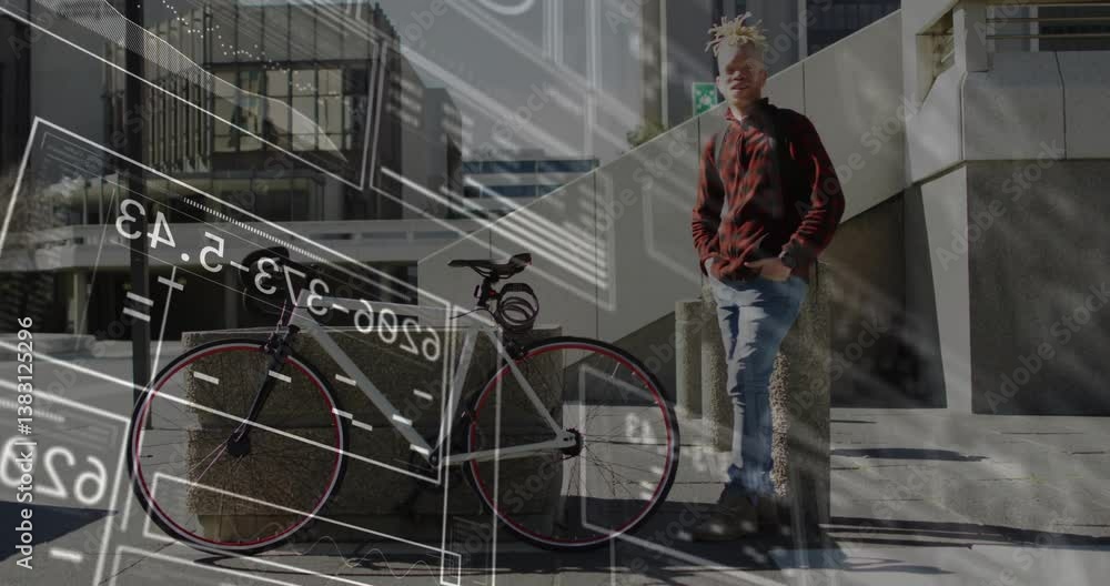 Poster man standing near bicycle with digital data processing animation overlay
