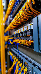A bunch of yellow and blue cables in a server room