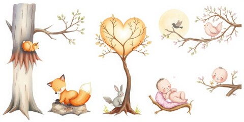 Adorable Baby Animals Watercolor Illustration Nursery Decor Heart Tree Fox Bunny Birds