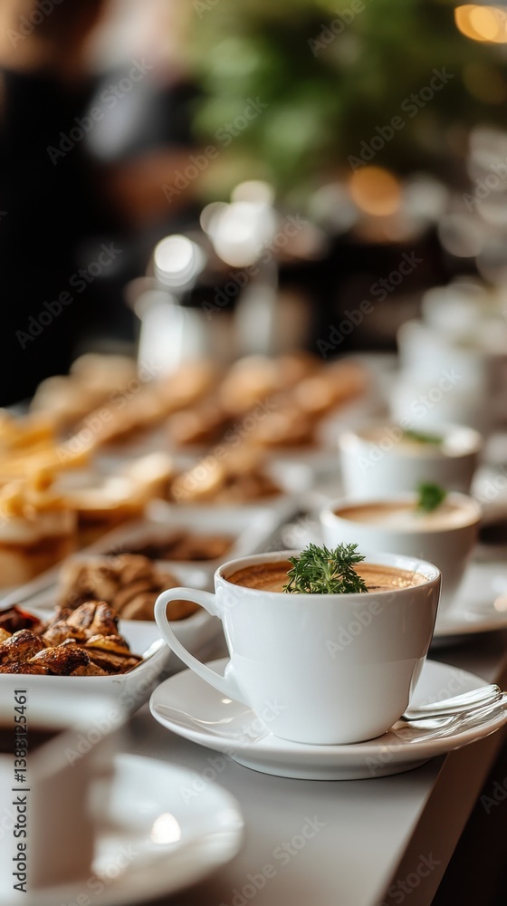 Poster elegant coffee cup with greenery garnish on a table alongside pastries and snacks in a bright cafe s
