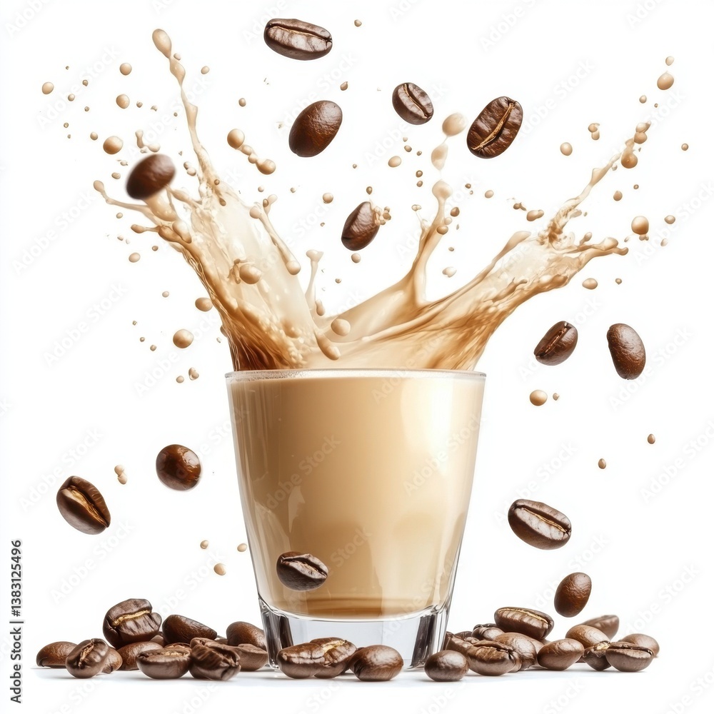 Poster coffee splash in glass with flying beans creating dynamic scene on white background studio shot
